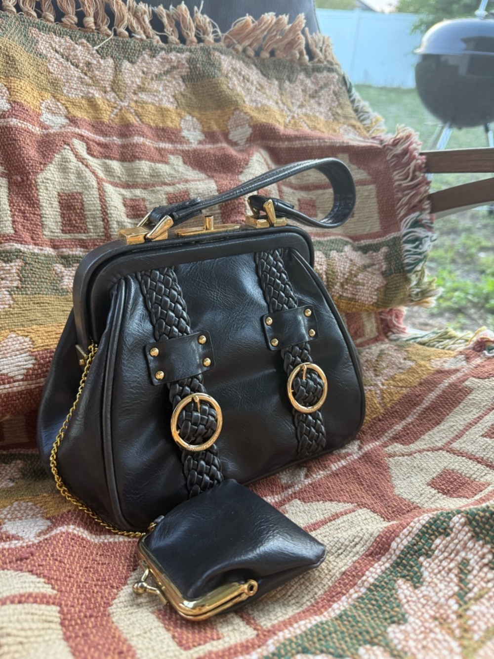 Necessary Objects Black Braided-Accent Wristlet with Gold Hardware